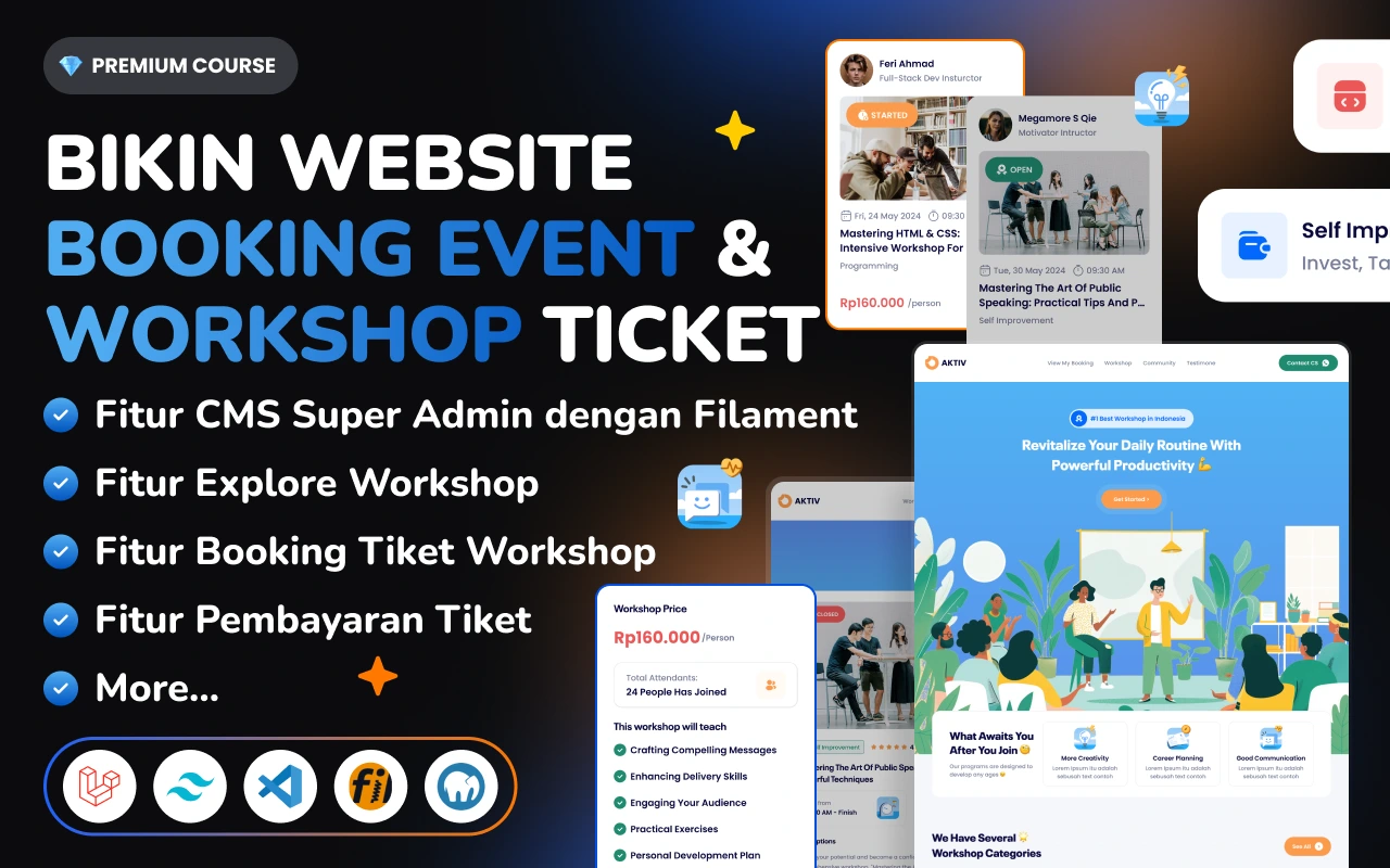 Foto kelas Laravel 11, Service Repository, Filament: Web Event and Workshop Ticket